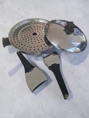Vtg Rena-Ware Stainless Steel Steamer Pan with Lid & 2 Handle Extender Clap On